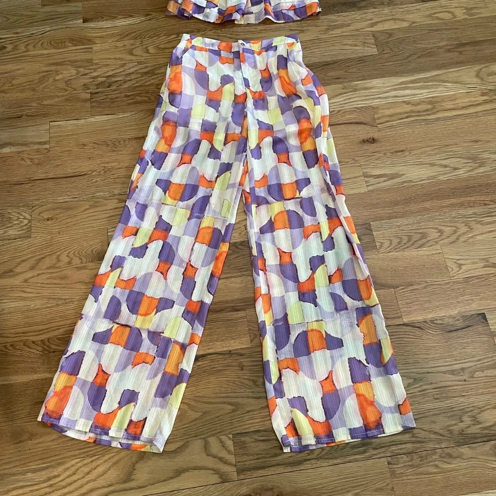 g.p.d. Women Abstract Geometric Print 2 Piece Set Crop Top Wide Leg Pants XS - Picture 4 of 9